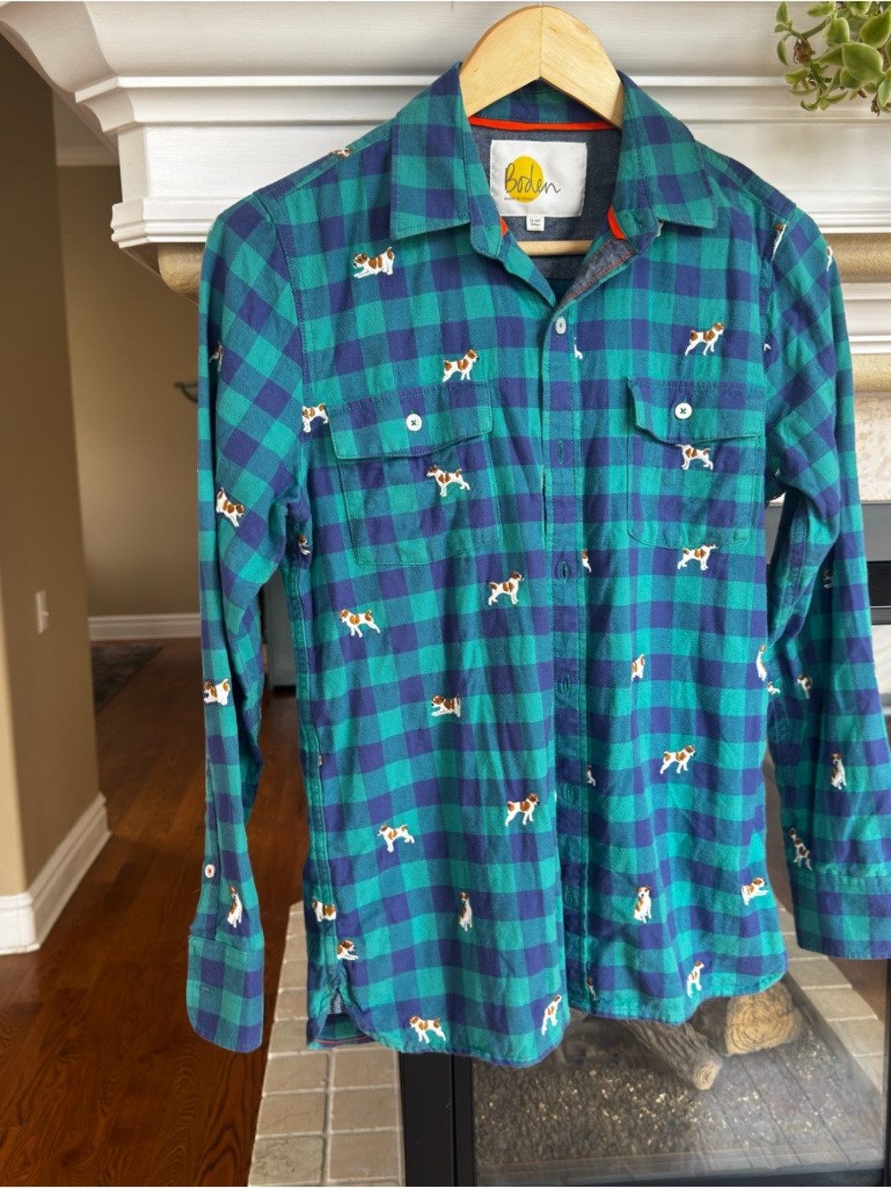 Boden Flannel Dog Embroidered Button Down Shirt Size 13-14Y